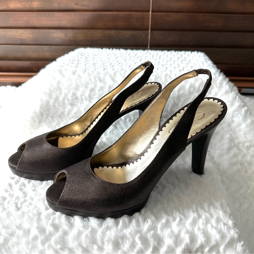 NIB Jessica Simpson Chocolate Sueded Metallic Peep-Toe Slingback Heels
